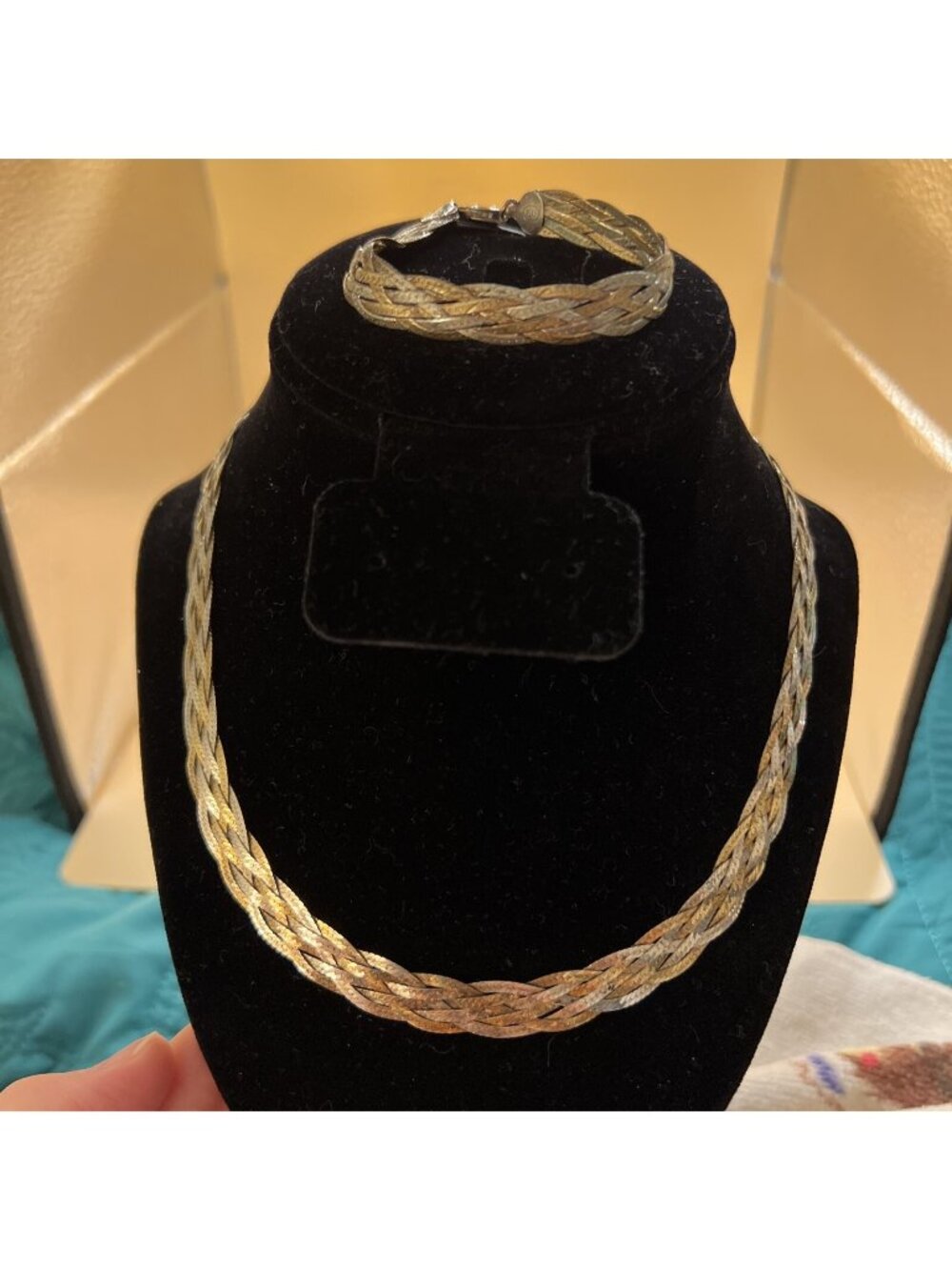 Braided 4 Strand 925 Silver & Gold Tone Necklace W/ Matching Bracelet